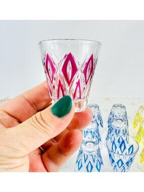 Vintage 1950s shot glasses, lot of 22, yellow, pink, green, blue, VCM Reims